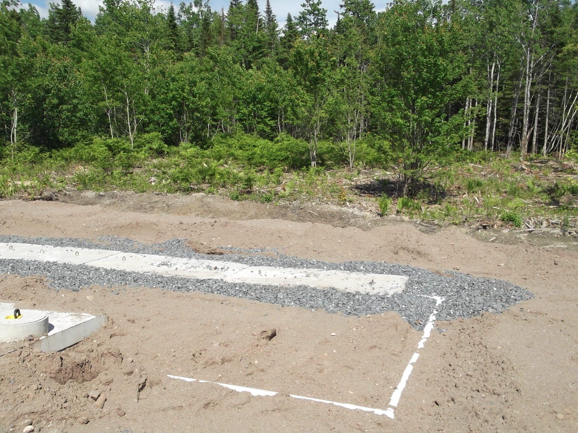 A dirt field with trees in the background and a white line on the ground