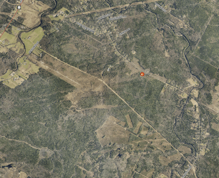 An aerial view of a forest with a red circle in the middle