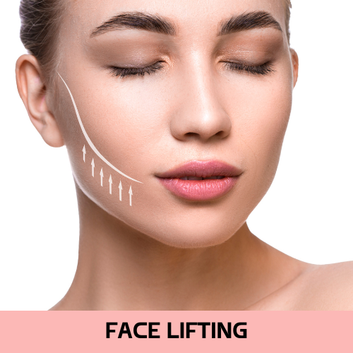 A woman with her eyes closed is getting a face lift.