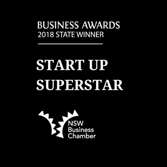 Award logo: "Business Awards 2018 State Winner" for "Start Up Superstar" from NSW Business Chamber.