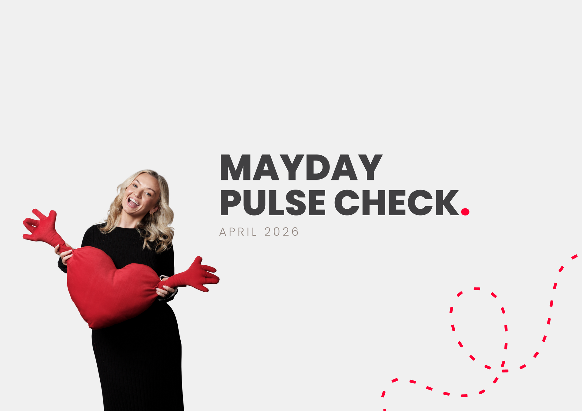 May Day Pulse Check poster with a woman in red gloves beside bold black and red text on a white background
