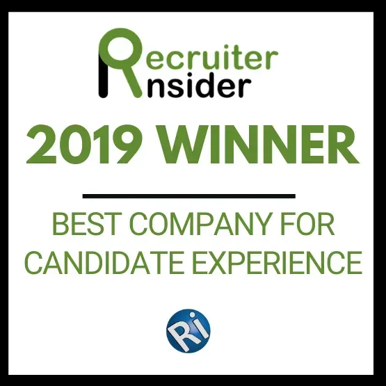 Recruiter Insider award badge. Green text reads "2019 WINNER BEST COMPANY FOR CANDIDATE EXPERIENCE". Blue logo in corner.