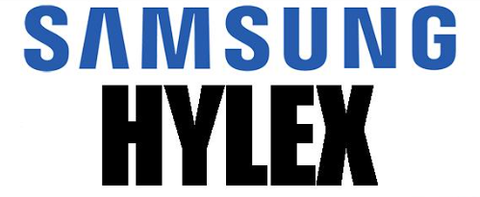 The logo for samsung hylex is blue and black on a white background.