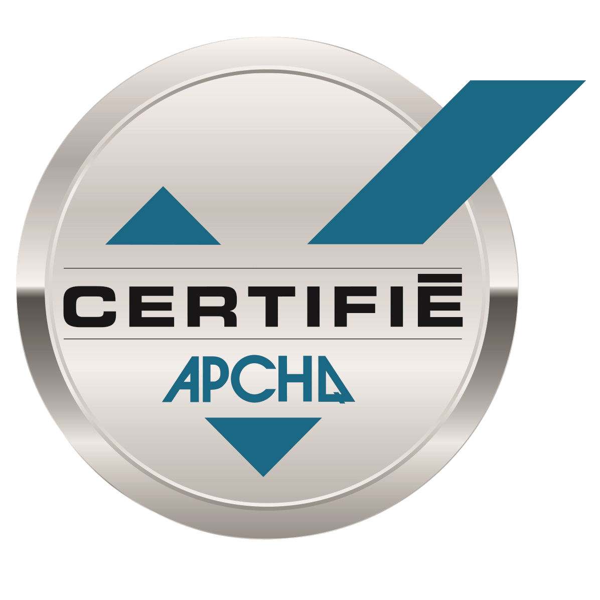 Un cercle argenté avec les mots certifie apcha dessus