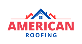The logo for american roofing shows a house with a roof.