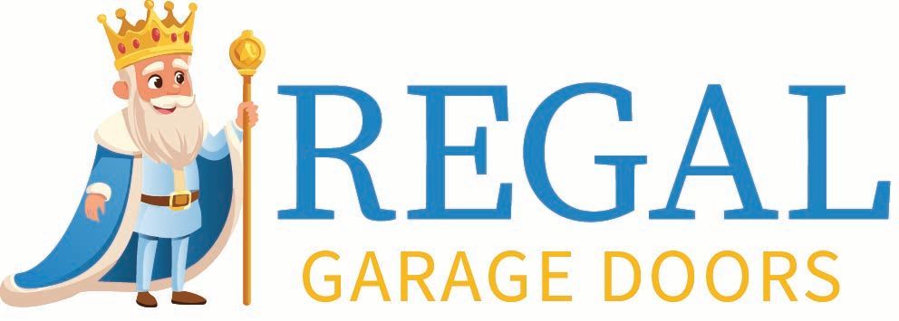 Logo for Regal Garage Doors featuring blue text, a gold crown, and scepter.