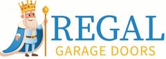 Logo for Regal Garage Doors featuring blue text, a gold crown, and scepter.