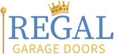 Logo for Regal Garage Doors featuring blue text, a gold crown, and scepter.