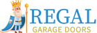Logo for Regal Garage Doors featuring blue text, a gold crown, and scepter.