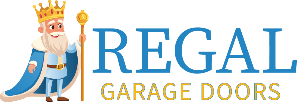 Logo for Regal Garage Doors featuring blue text, a gold crown, and scepter.