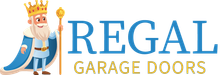 Logo for Regal Garage Doors featuring blue text, a gold crown, and scepter.