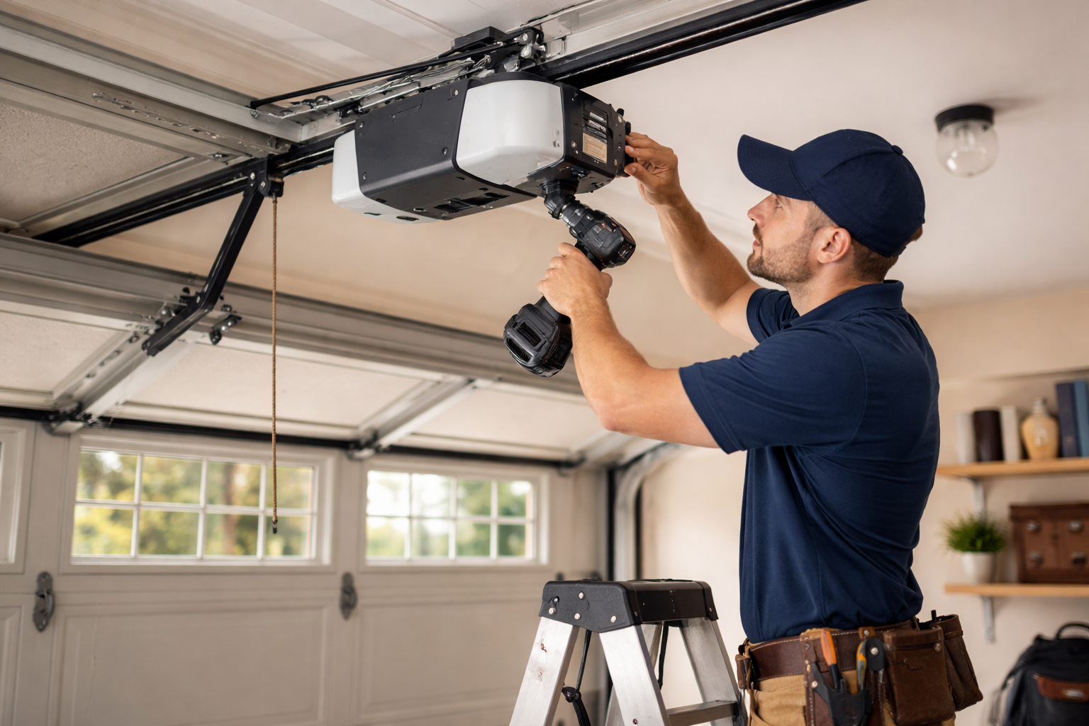 Man in cap installing a garage door opener with a power tool, standing on a step ladder inside a garage.