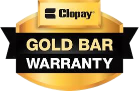 Clopay Gold Bar Warranty badge with logo, gold and black colors.