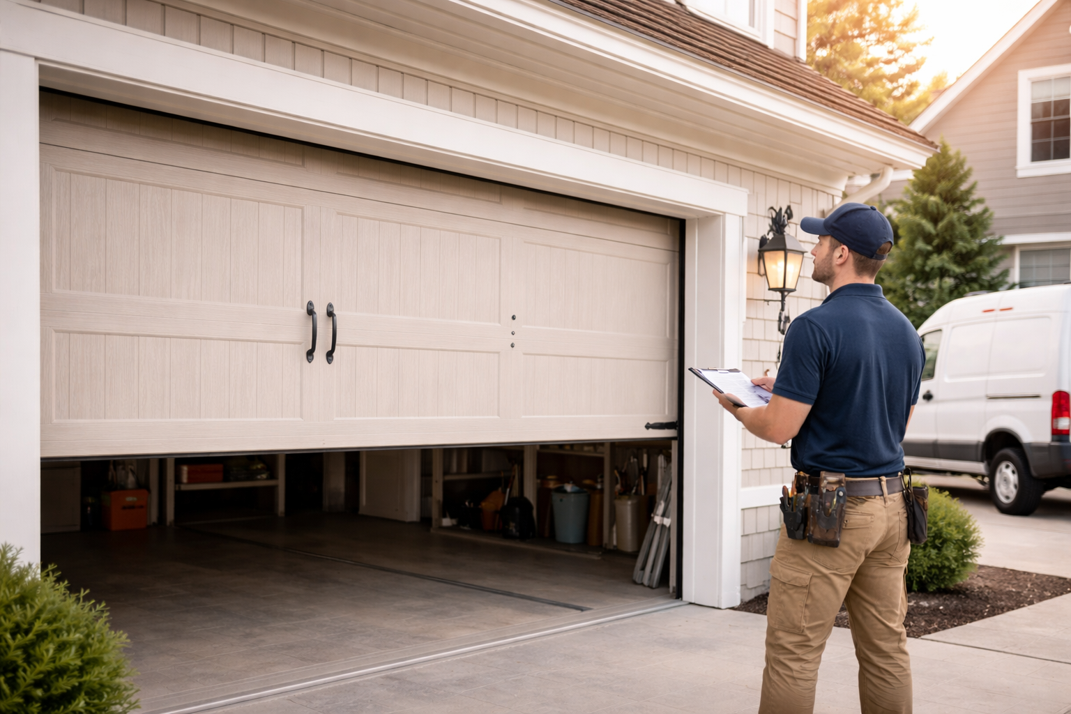 Person in work clothes inspecting an open garage door; white van in the background.