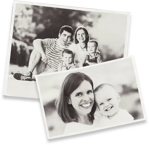Black and white photos of a family outdoors. One photo shows a family of five smiling. The other shows a woman smiling with a baby.
