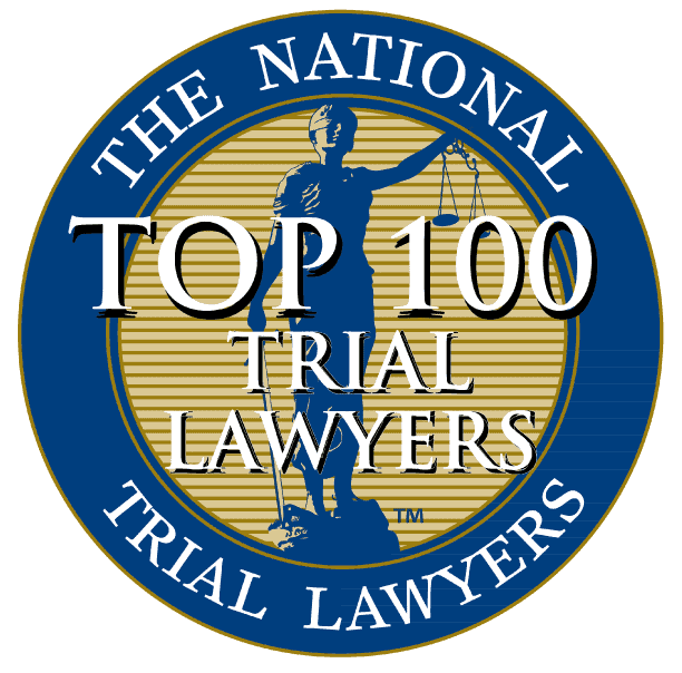 Logo: The National Trial Lawyers, Top 100; Lady Justice with scales, blue and gold.