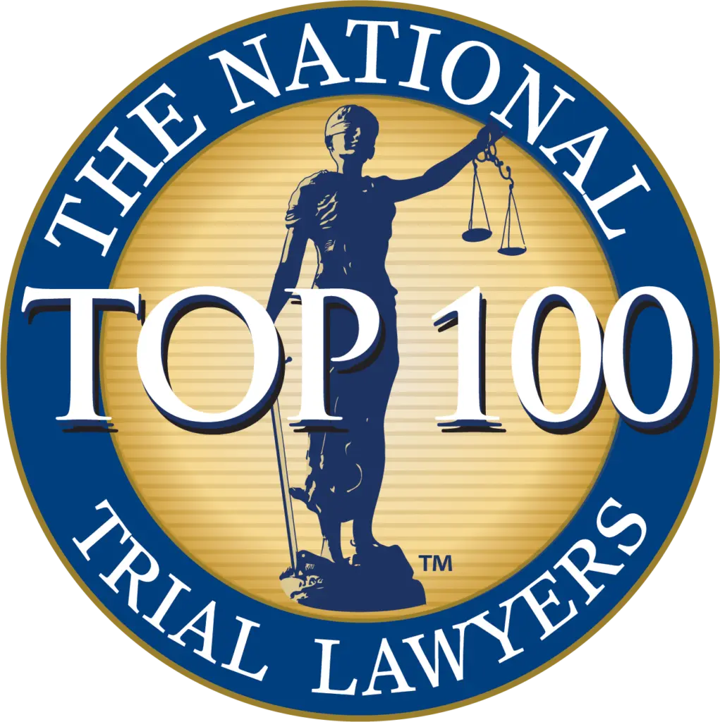 The National Trial Lawyers Top 100 logo: Lady Justice holding scales, blue and gold colors.