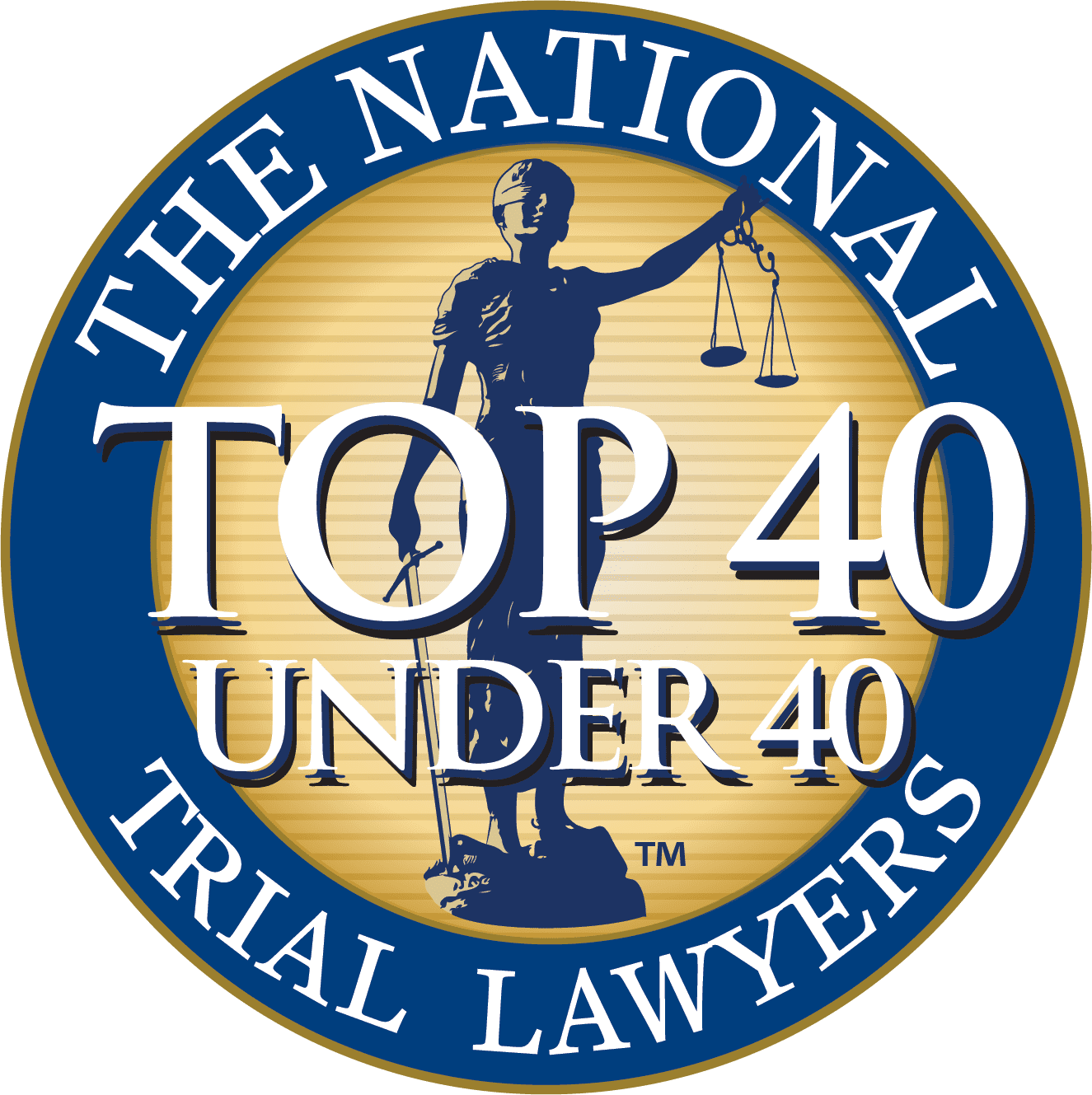 The National Trial Lawyers: Top 40 Under 40 award logo. A figure of Lady Justice holding scales, blue and gold.