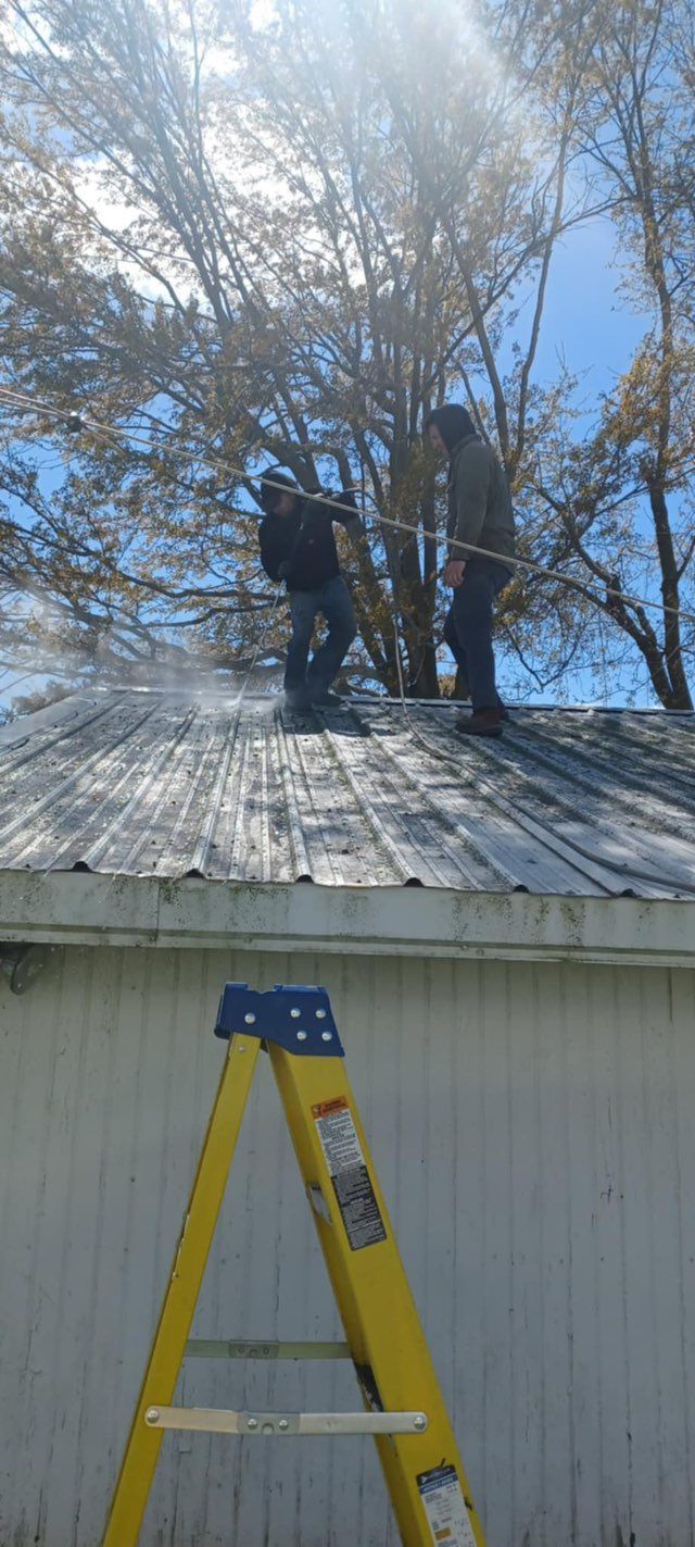 Two men are working on the roof of a building next to a yellow ladder.