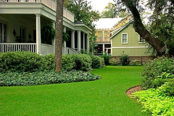 Lush green lawn between two pale houses with porches and trees in a quiet garden courtyard