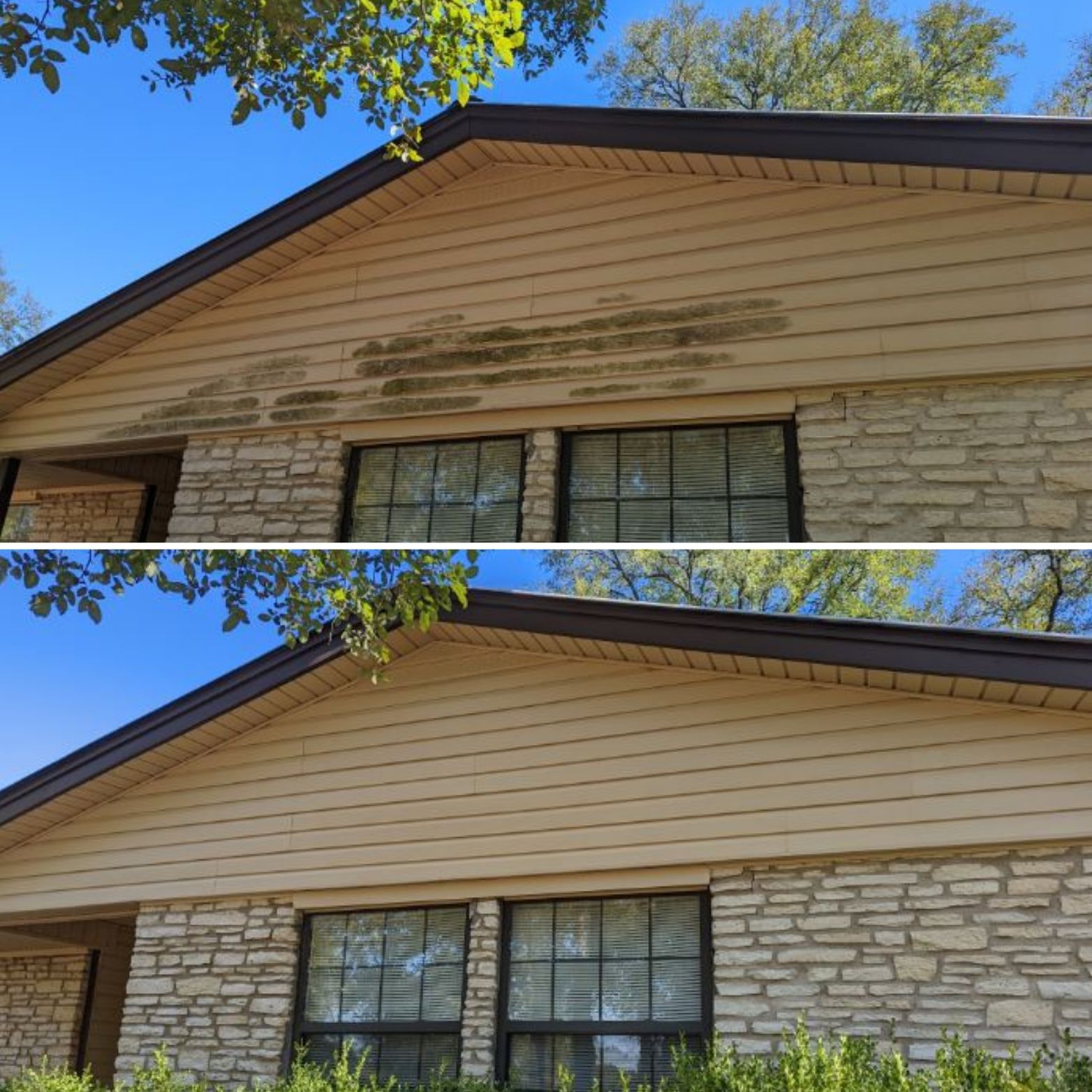 A before and after picture of a house with siding and windows.