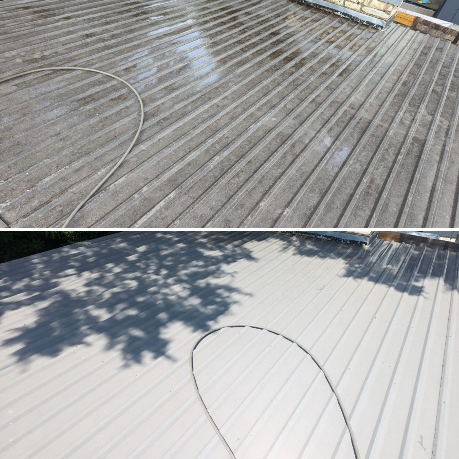 A before and after picture of a roof being cleaned with a hose.