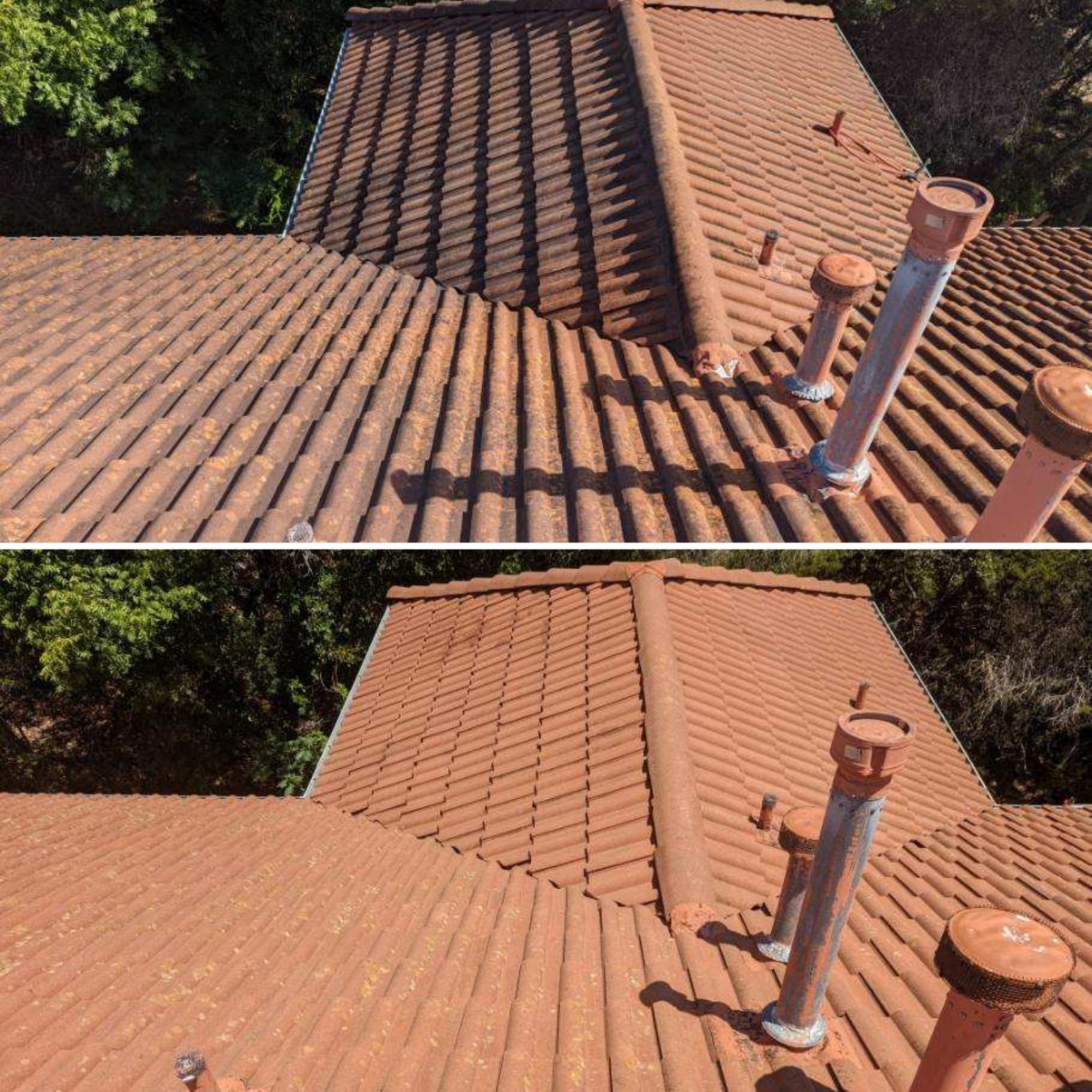 A before and after picture of a roof with chimneys