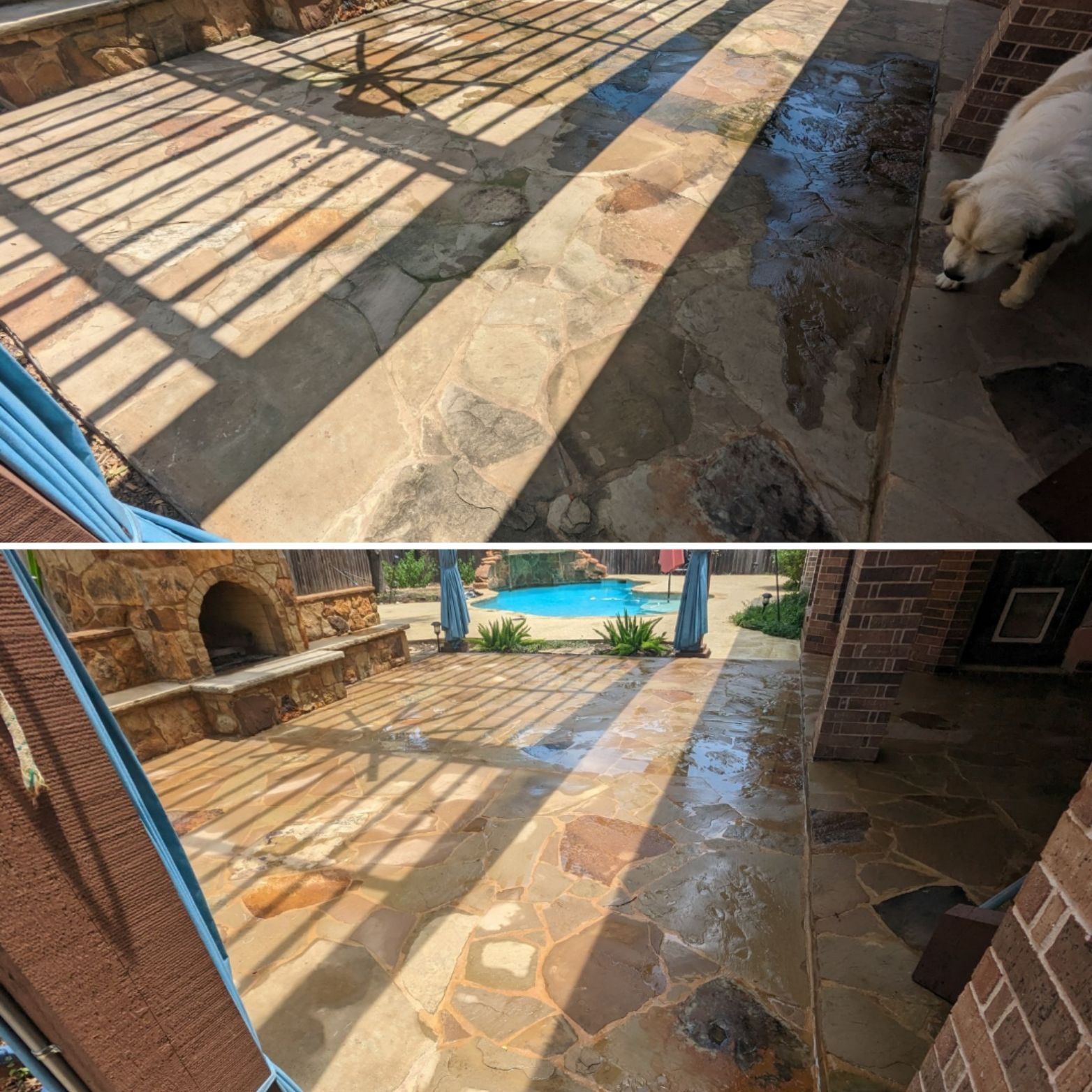 A before and after picture of a stone patio with a pool in the background.