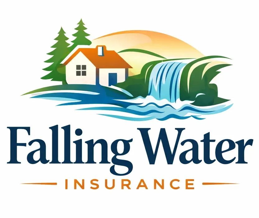 Logo: house, waterfall, trees, and "Falling Water Insurance" text.