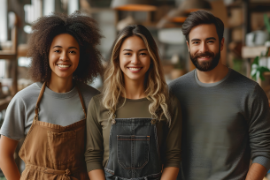 Three smiling people in an indoor setting; one wears an apron, one overalls, and one a long-sleeved shirt.