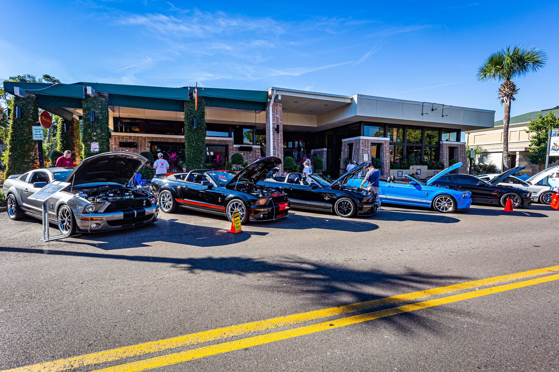 A row of cars are parked on the side of the road in front of a building.