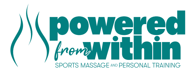 A logo for powered from within sports massage and personal training