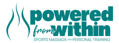 A logo for powered from within sports massage and personal training