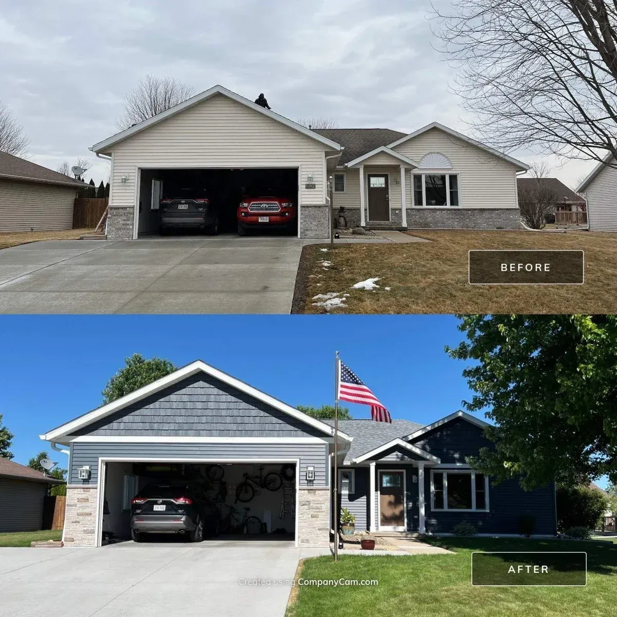 A before and after picture of a house with a garage