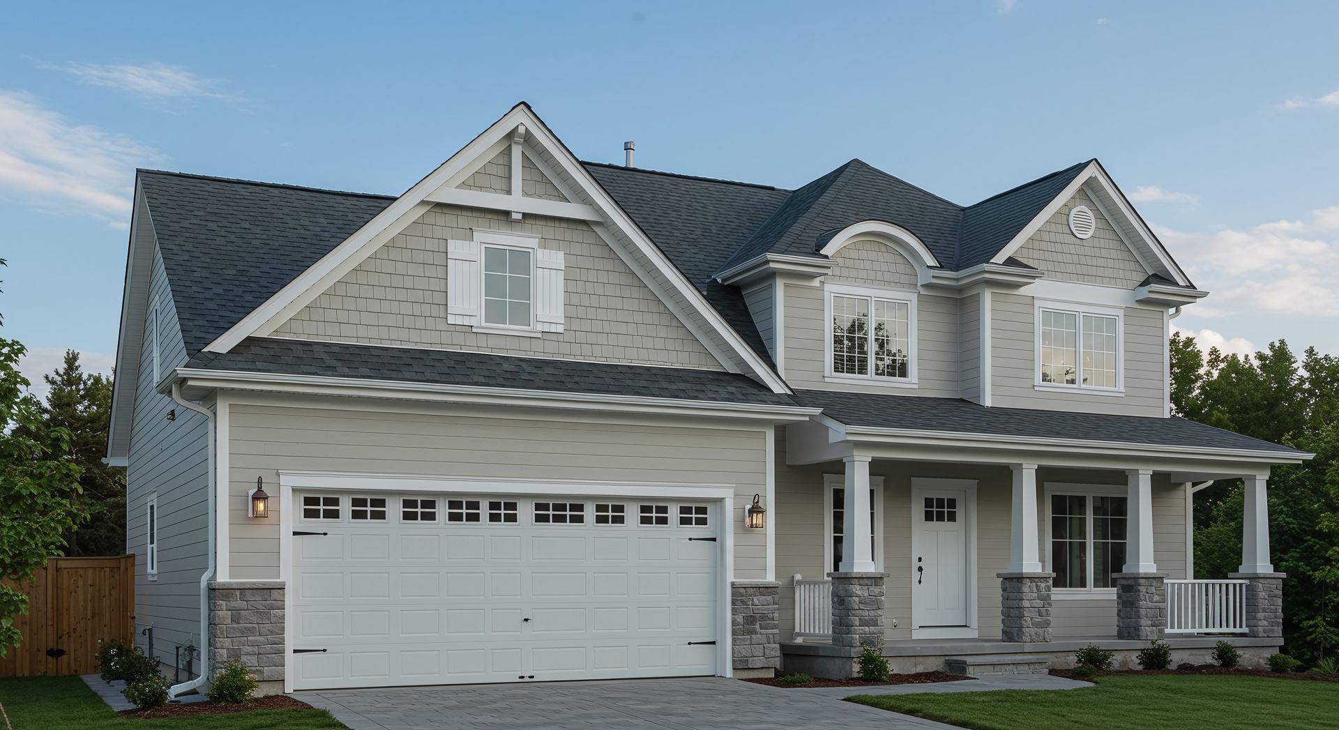 Two-story light gray house with white trim, garage, porch, and dark gray roof under a blue sky.
