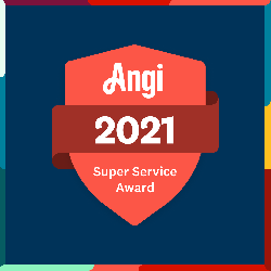 Angi 2021 Super Service Award badge, red and white text on a shield, against a dark blue background.