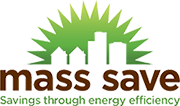 Mass Save logo with green sunburst over white buildings, brown 