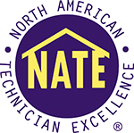 NATE logo: Purple circle with yellow text 