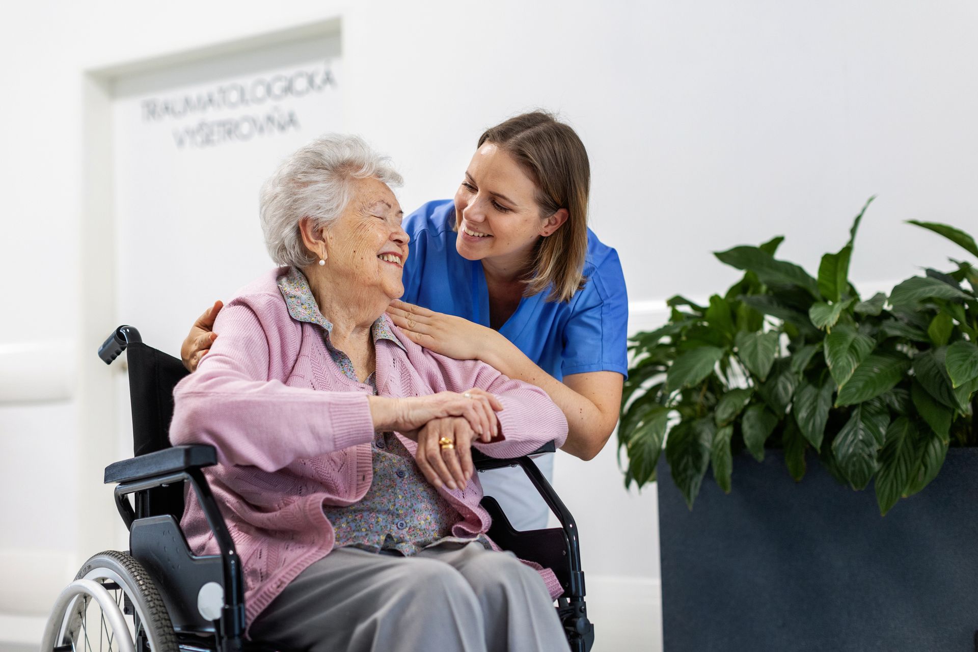 Nurse with hand on shoulder smiles at woman in wheelchair near a potted plant.
