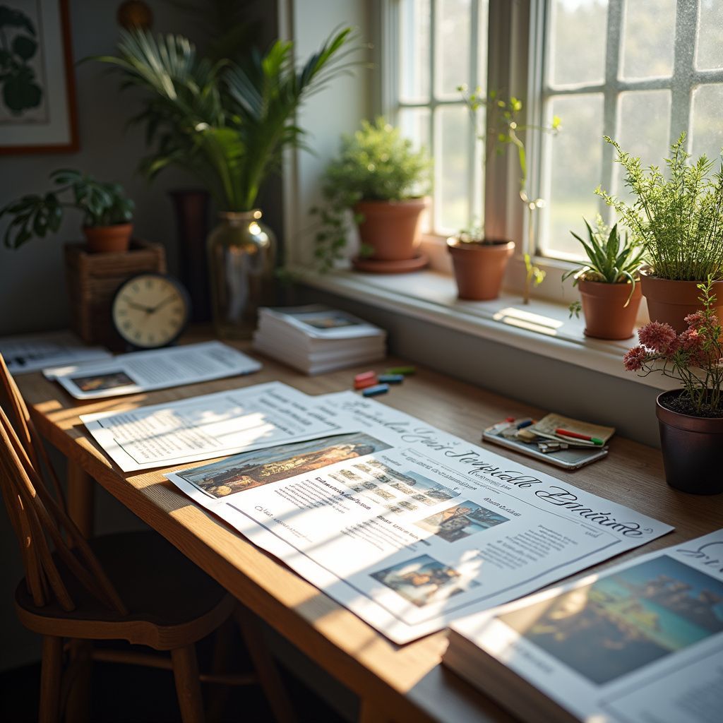 Bureau met kranten, planten en zonlicht. Raam op de achtergrond.