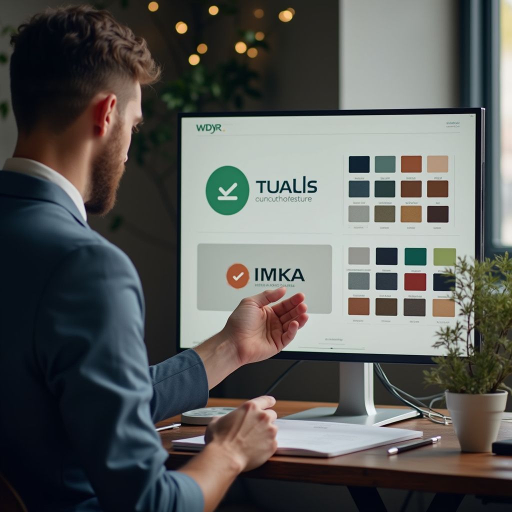Man in pak wijst naar een computerscherm met logo's en kleurenpaletten in een kantooromgeving.
