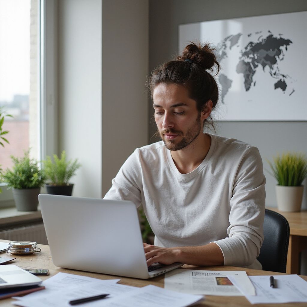 Man met een knotje op zijn hoofd die achter een bureau bij een raam op een laptop zit te werken. Er liggen papieren en planten in de buurt.