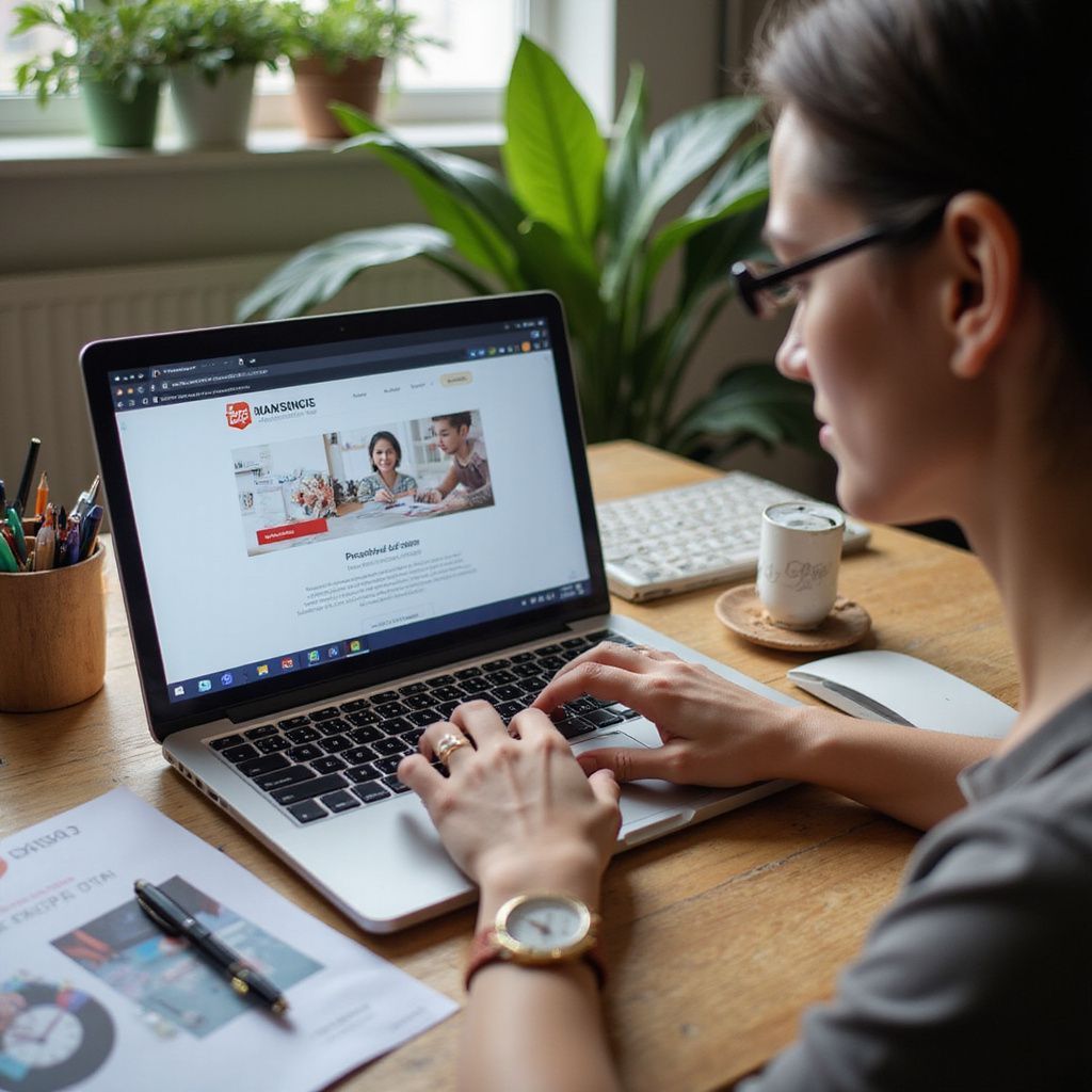 Een vrouw met een bril zit achter een bureau en werkt op een laptop. Ze bekijkt een website en heeft daarnaast een toetsenbord, een kopje koffie en documenten bij zich.