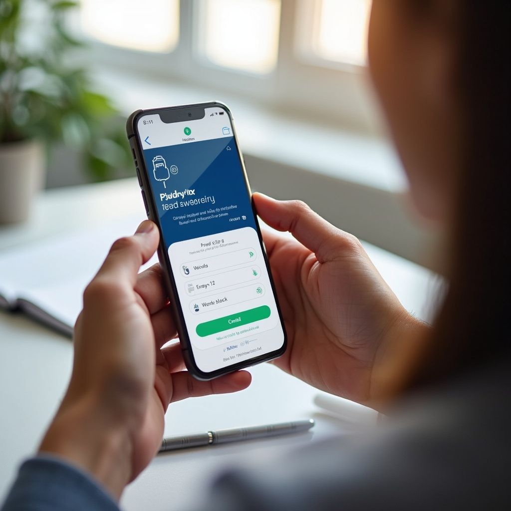 Persoon die een telefoon vasthoudt en een mobiele app-interface toont met inlogvelden en een knop 'Inloggen'.
