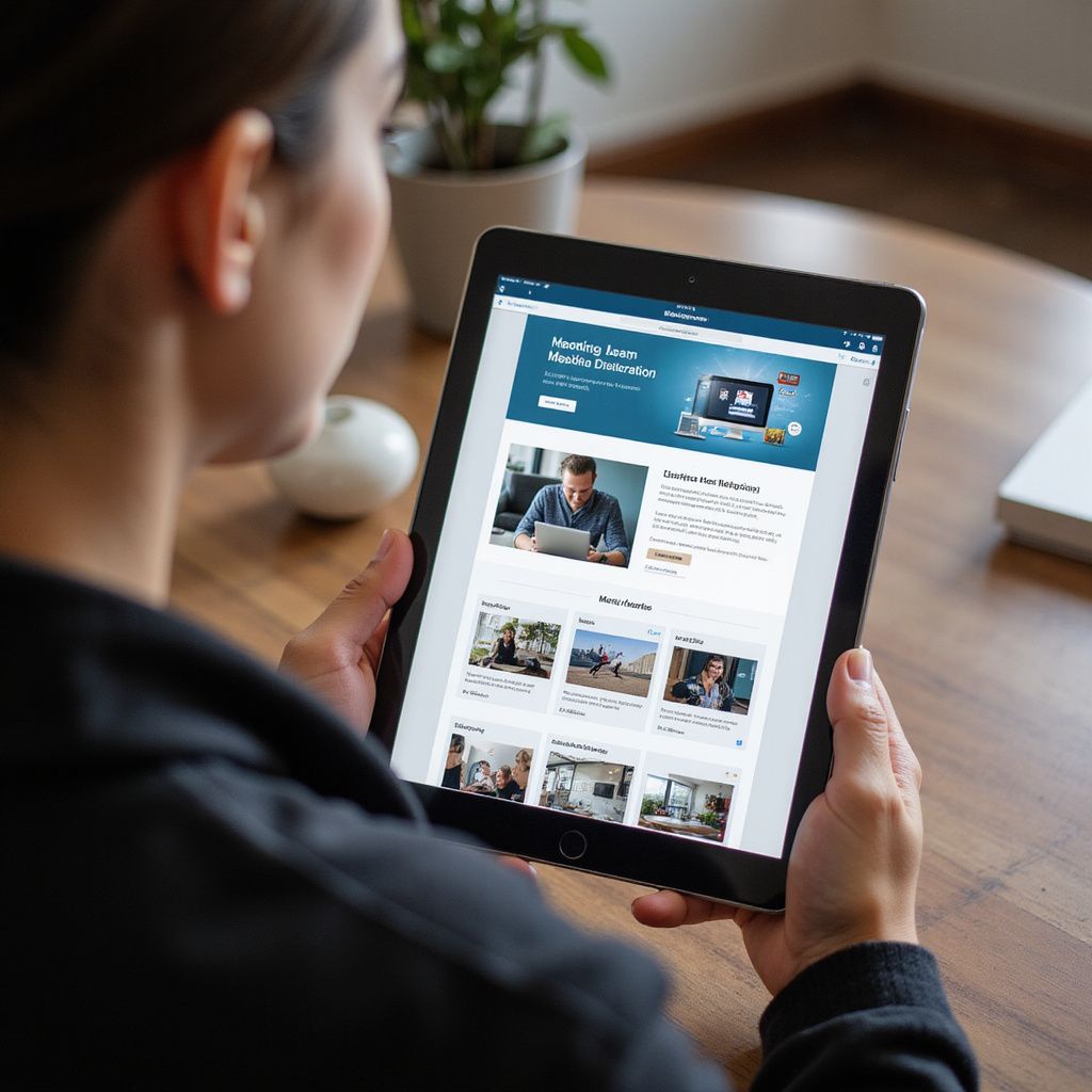 Een vrouw bekijkt een website op een tablet. Een bruin bureau, een plant en een wit object op de achtergrond.