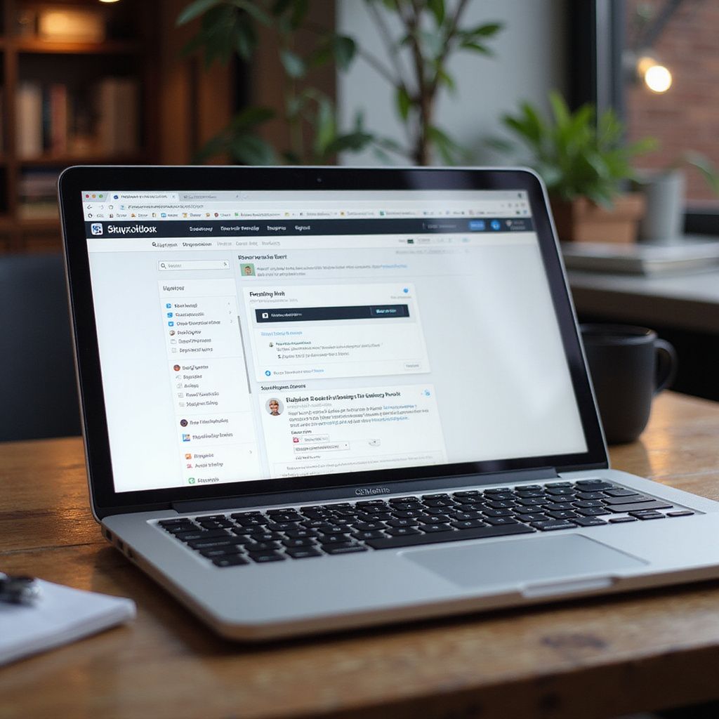 Een laptop met een gebruikersinterface staat op een houten bureau, naast een notitieboekje en een koffiemok.