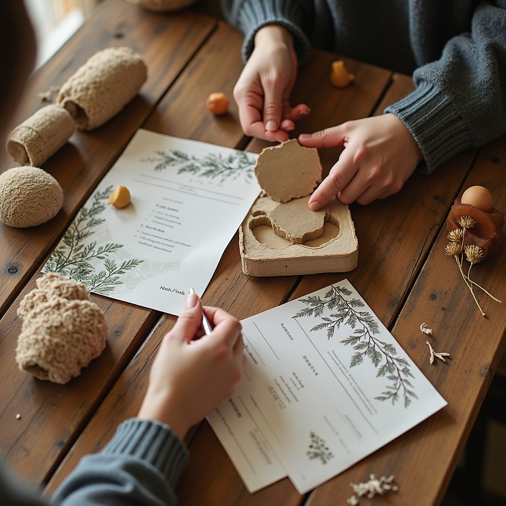 Handen knutselen met klei op een houten tafel. Instructiebladen en kleivoorwerpen zijn aanwezig.