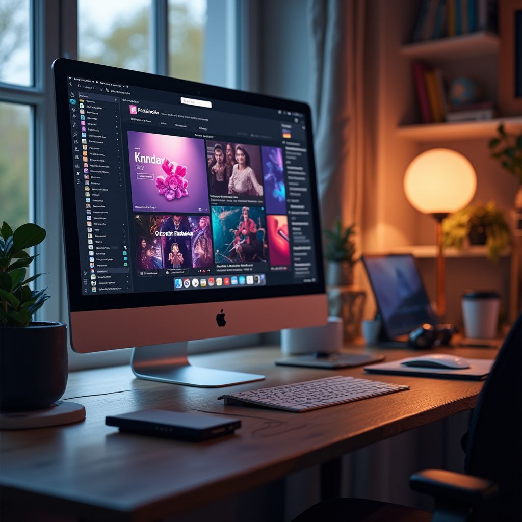 Computerscherm met een ontwerpinterface op een bureau in een kamer met een lamp en een raam.