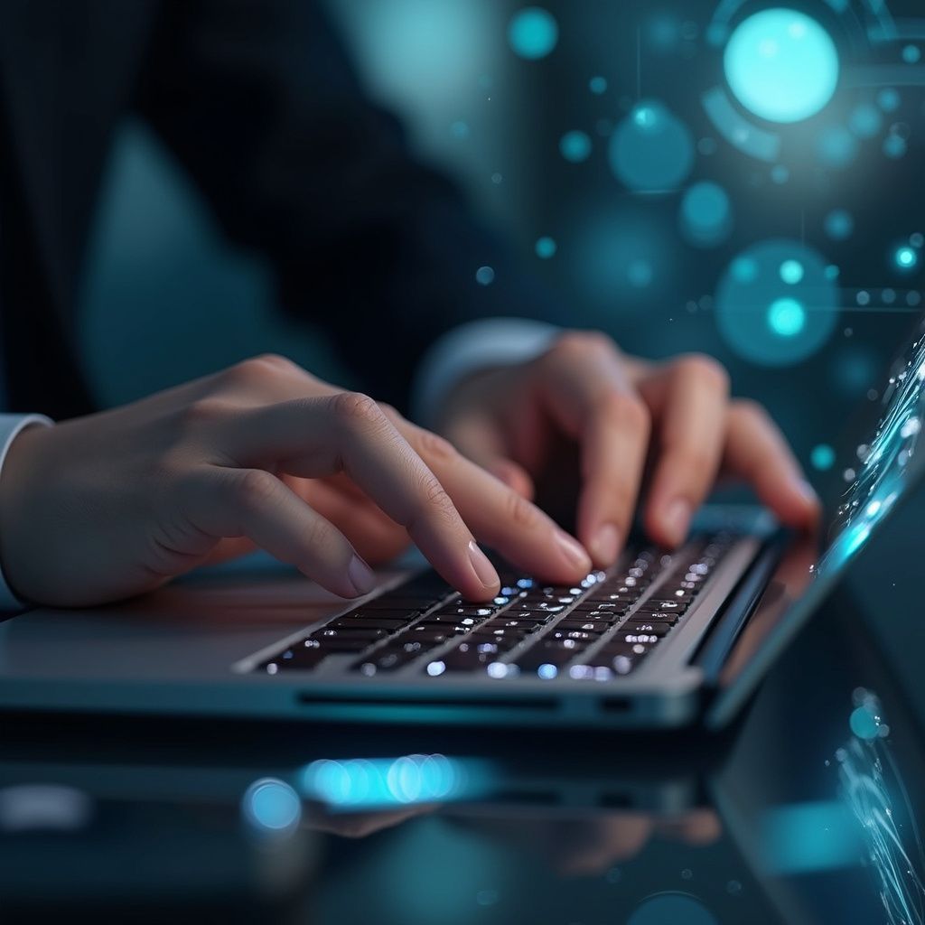 Persoon die op een laptop typt met gloeiende blauwe digitale effecten.