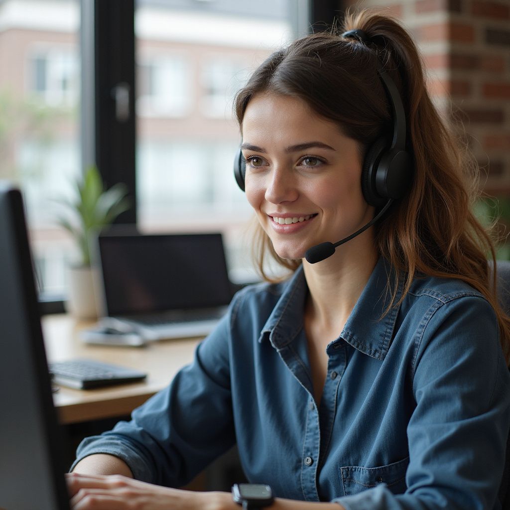 Vrouw met hoofdtelefoon, glimlachend, werkend op computer aan bureau.